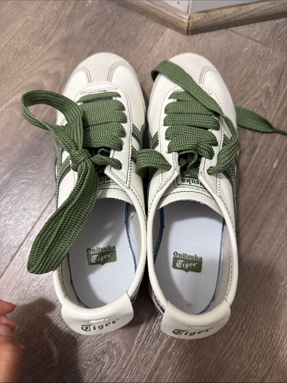 Onitsuka Tiger by Asics White Sneakers with Olive Green Stripes